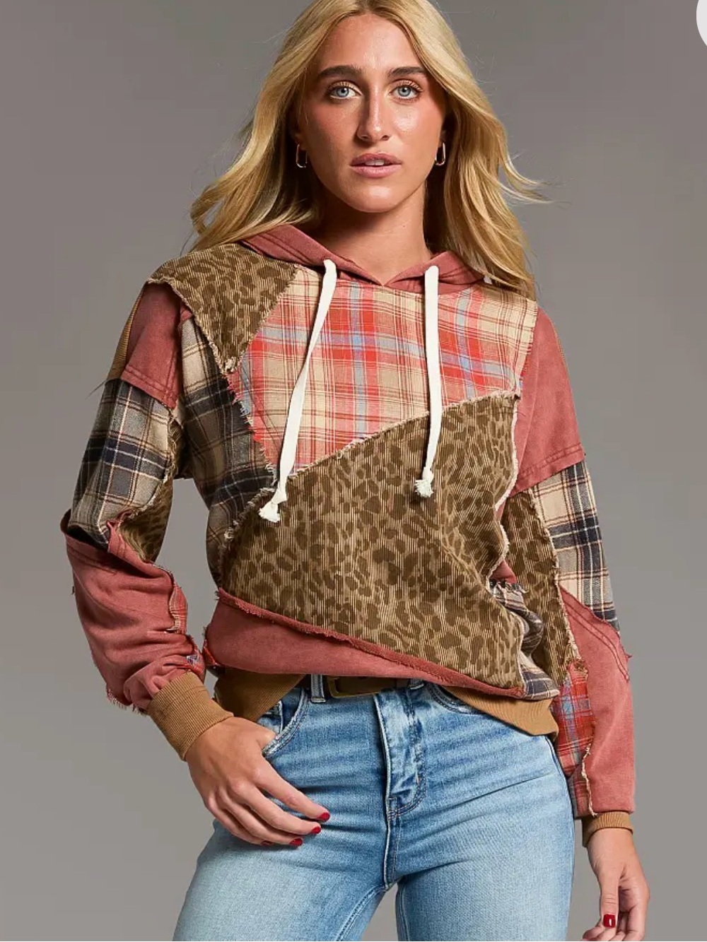 BKE Pieced Cheetah & Plaid Hoodie Small New